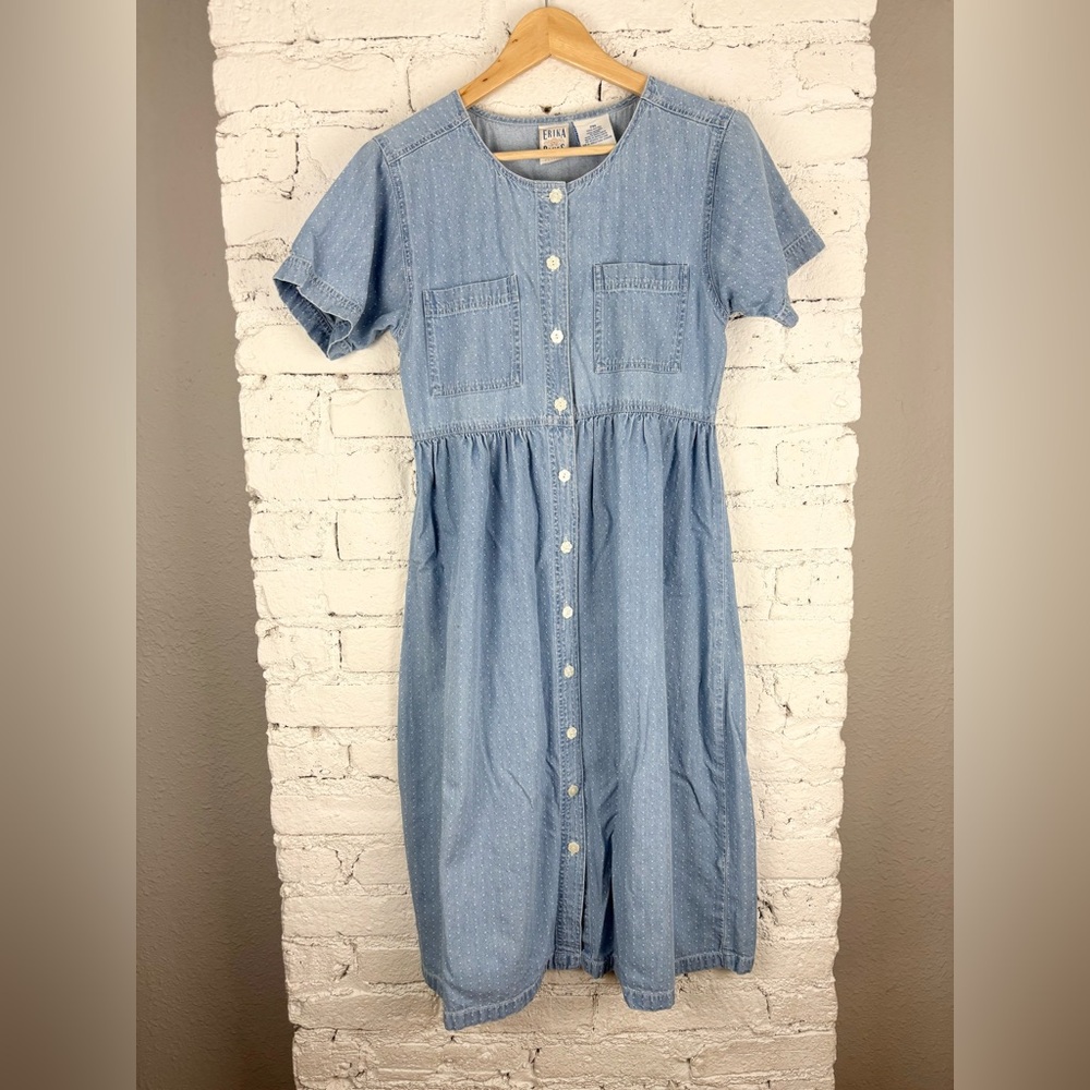 Vintage Erika Blues Denim Cotton Floral Button Down Dress M